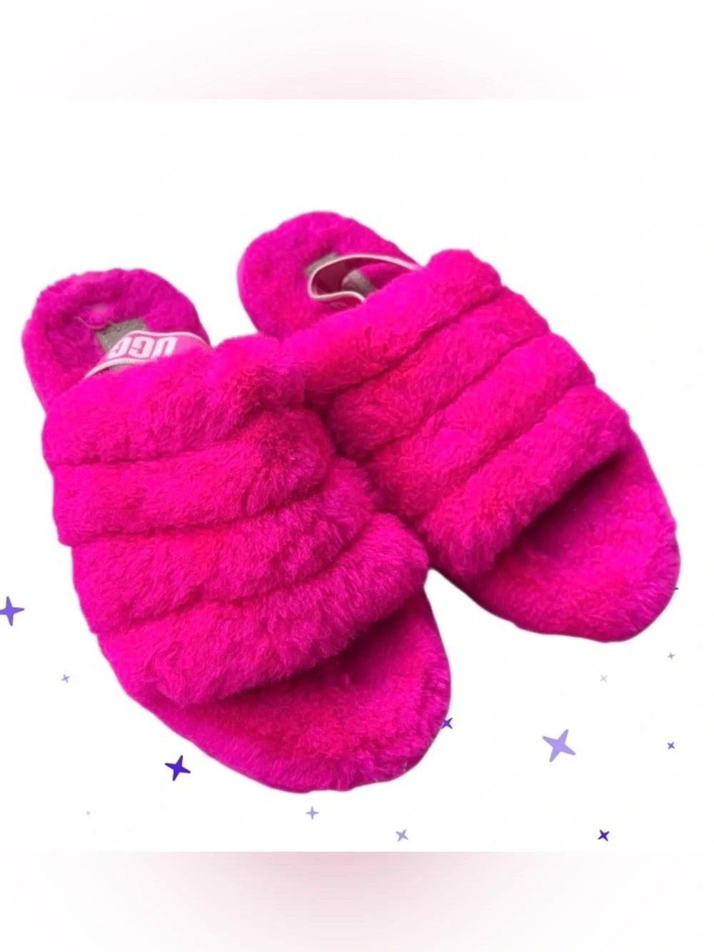 UGG Fluff Pink Slider Sandal Logo Strap Size 4